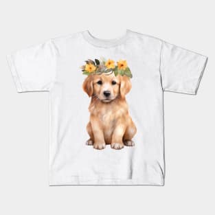 Watercolor Golden Retriever Dog with Head Wreath Kids T-Shirt